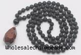 GMN4933 Hand-knotted 8mm, 10mm black lava 108 beads mala necklace with pendant