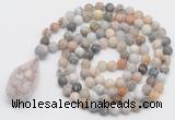 GMN5009 Hand-knotted 8mm, 10mm matte bamboo leaf agate 108 beads mala necklace with pendant