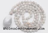 GMN5010 Hand-knotted 8mm, 10mm matte white crazy agate 108 beads mala necklace with pendant