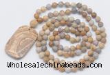 GMN5137 Hand-knotted 8mm, 10mm matte fossil coral 108 beads mala necklace with pendant