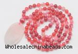 GMN5151 Hand-knotted 8mm, 10mm red banded agate 108 beads mala necklace with pendant