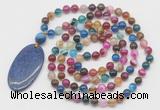 GMN5156 Hand-knotted 8mm, 10mm colorful banded agate 108 beads mala necklace with pendant