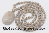 GMN5169 Hand-knotted 8mm, 10mm feldspar 108 beads mala necklace with pendant