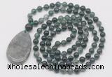 GMN5216 Hand-knotted 8mm, 10mm moss agate 108 beads mala necklace with pendant