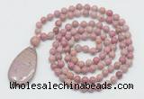 GMN5219 Hand-knotted 8mm, 10mm pink wooden jasper 108 beads mala necklace with pendant