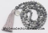 GMN5703 Hand-knotted 6mm matte black water jasper 108 beads mala necklaces with tassel & charm