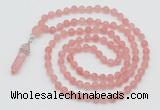 GMN5901 Hand-knotted 6mm matte cherry quartz 108 beads mala necklaces with pendant