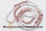 GMN6004 Knotted 8mm, 10mm white howlite, pink jasper & rose quartz 108 beads mala necklace with charm