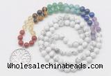 GMN6022 Knotted 7 Chakra 8mm, 10mm white howlite 108 beads mala necklace with charm