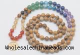 GMN6025 Knotted 7 Chakra 8mm, 10mm picture jasper 108 beads mala necklace with charm