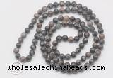 GMN6031 Knotted 8mm, 10mm grey opal 108 beads mala necklace with charm