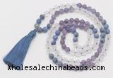 GMN6101 Knotted 8mm, 10mm matte amethyst, white crystal & lapis lazuli 108 beads mala necklace with tassel