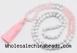 GMN6102 Knotted 8mm, 10mm rose quartz & white howlite 108 beads mala necklace with tassel