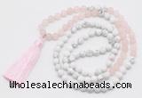 GMN6103 Knotted 8mm, 10mm rose quartz & white howlite 108 beads mala necklace with tassel