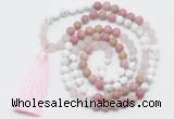 GMN6104 Knotted 8mm, 10mm white howlite, pink jasper & rose quartz 108 beads mala necklace with tassel