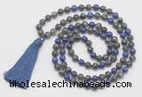 GMN6112 Knotted 8mm, 10mm black labradorite & lapis lazuli 108 beads mala necklace with tassel