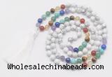 GMN6121 Knotted 7 Chakra 8mm, 10mm white howlite 108 beads mala necklace with tassel