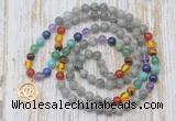 GMN6137 Knotted 7 Chakra 8mm, 10mm labradorite 108 beads mala necklace with charm