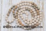 GMN6145 Knotted 8mm, 10mm white fossil jasper & picture jasper 108 beads mala necklace with charm