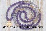 GMN6153 Knotted 8mm, 10mm amethyst, citrine & white crystal 108 beads mala necklace with charm