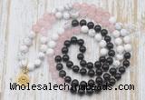 GMN6162 Knotted 8mm, 10mm black agate, rose quartz & white howlite 108 beads mala necklace with charm