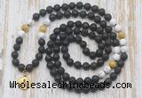 GMN6168 Knotted 8mm, 10mm black lava, matte white howlite & golden tiger eye 108 beads mala necklace with charm