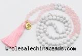 GMN6202 Knotted rose quartz & white howlite 108 beads mala necklace with tassel & charm