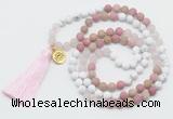 GMN6204 Knotted white howlite, pink jasper & rose quartz 108 beads mala necklace with tassel & charm