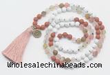 GMN6205 Knotted white howlite, cherry quartz & red jasper 108 beads mala necklace with tassel & charm