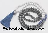 GMN6210 Knotted black labradorite & matte white howlite 108 beads mala necklace with tassel & charm