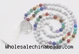 GMN6221 Knotted 7 Chakra white howlite 108 beads mala necklace with tassel & charm