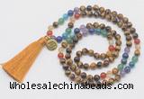 GMN6223 Knotted 7 Chakra yellow tiger eye 108 beads mala necklace with tassel & charm