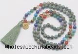 GMN6226 Knotted 7 Chakra African turquoise 108 beads mala necklace with tassel & charm