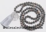 GMN6231 Knotted 8mm, 10mm grey opal 108 beads mala necklace with tassel & charm