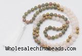 GMN6249 Knotted 8mm, 10mm unakite, white jade & hematite 108 beads mala necklace with tassel