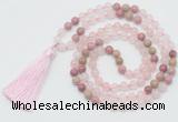 GMN6251 Knotted 8mm, 10mm rose quartz & pink wooden jasper 108 beads mala necklace with tassel