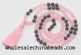 GMN6252 Knotted 8mm, 10mm rose quartz & garnet 108 beads mala necklace with tassel