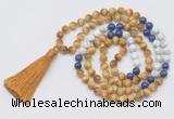 GMN6257 Knotted 8mm, 10mm golden tiger eye, lapis lazuli & matte white howlite 108 beads mala necklace with tassel