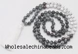 GMN6259 Knotted 8mm, 10mm snowflake obsidian, garnet & matte white howlite 108 beads mala necklace with tassel