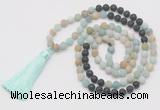 GMN6263 Knotted 8mm, 10mm matte amazonite & black lava 108 beads mala necklace with tassel