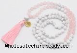 GMN6302 Knotted rose quartz & white howlite 108 beads mala necklace with tassel & charm