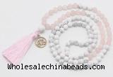 GMN6303 Knotted matte rose quartz & white howlite 108 beads mala necklace with tassel & charm