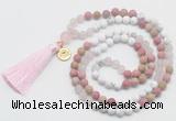 GMN6304 Knotted white howlite, pink jasper & rose quartz 108 beads mala necklace with tassel & charm