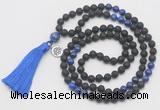 GMN6314 Knotted black lava & lapis lazuli 108 beads mala necklace with tassel & charm