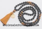 GMN6315 Knotted black lava & yellow tiger eye 108 beads mala necklace with tassel & charm