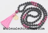 GMN6316 Knotted black lava & red tiger eye 108 beads mala necklace with tassel & charm