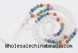 GMN6319 Knotted 7 Chakra white jade 108 beads mala necklace with tassel & charm