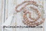 GMN6354 Knotted 8mm, 10mm sunstone, white crystal & white jade 108 beads mala necklace with tassel