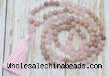 GMN6355 Knotted 8mm, 10mm sunstone, rose quartz & white jade 108 beads mala necklace with tassel