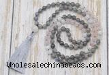 GMN6356 Knotted 8mm, 10mm labradorite, rose quartz & white moonstone 108 beads mala necklace with tassel